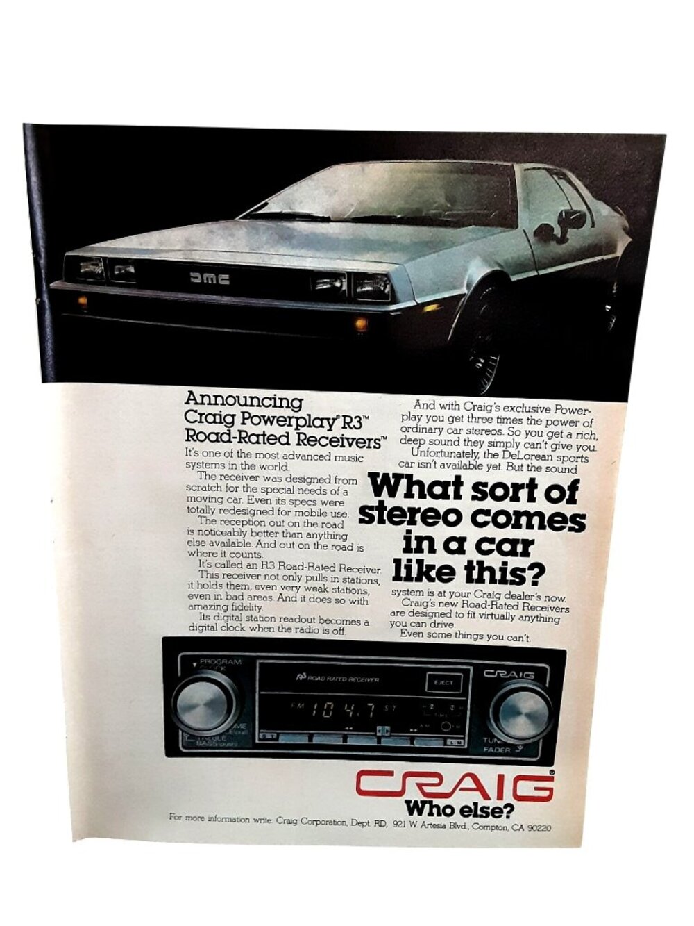 1978 Craig Car Stereo DeLorean DMC Powerplay R3 Receiver Vintage Print Ad